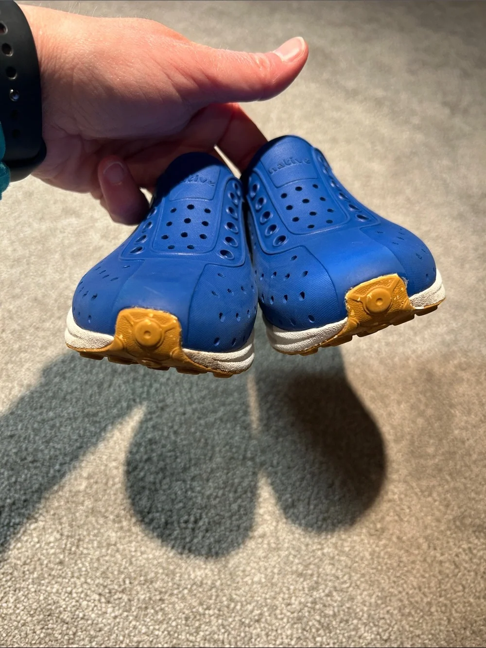 Native Shoes Kids Slip-On Sandals in Blue with Yellow Toe Accents